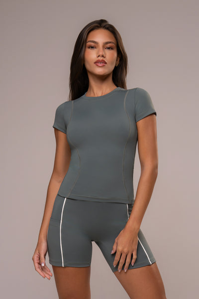 Conjunto Short e Top Blusa Manga Curta Power Verde Acizentado