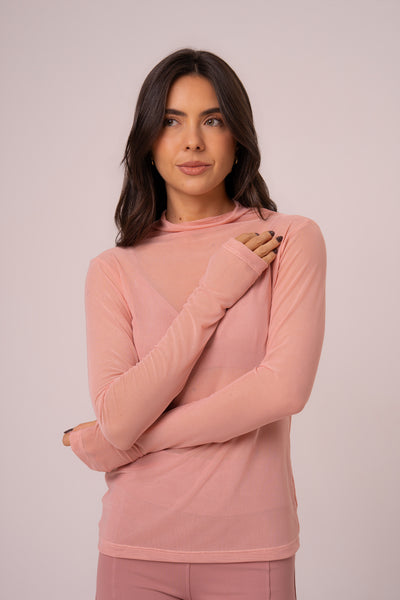 Blusa de Tule Manga Longa com Abertura para Dedo Rosé