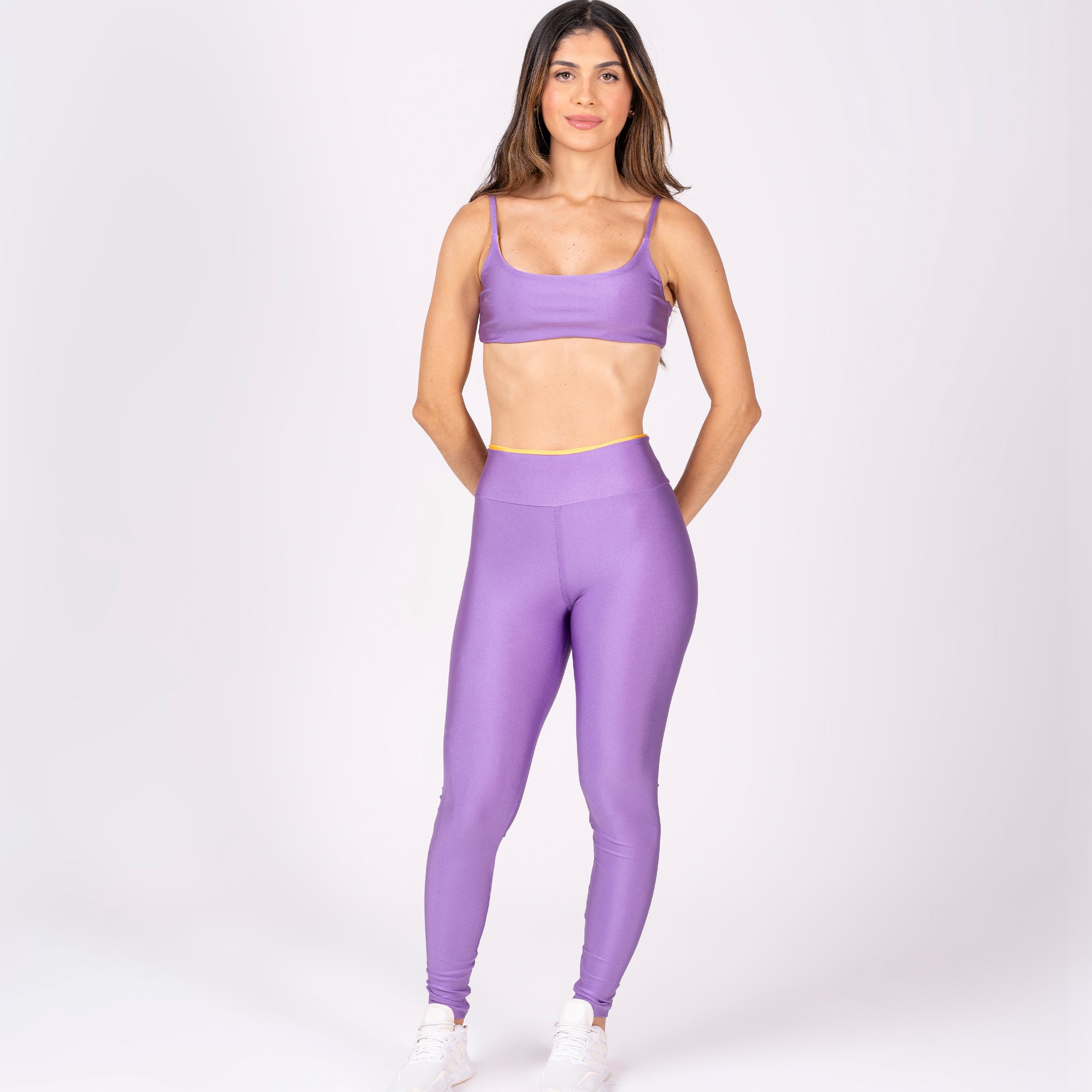 Conjunto Legging e Top Dupla Face Premium Lilás e Amarelo Solar