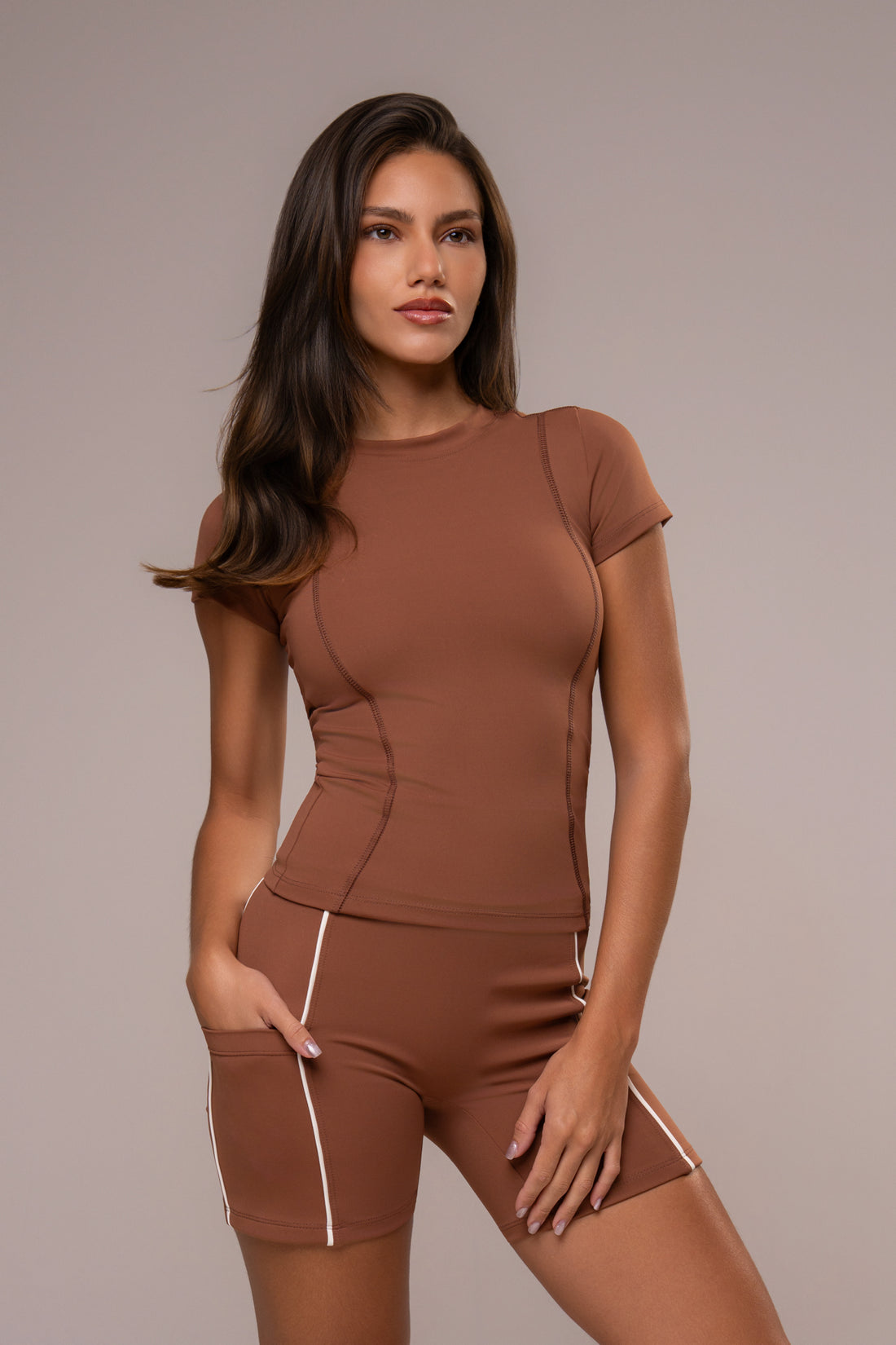 Conjunto Short e Top Blusa Manga Curta Power Caramelo