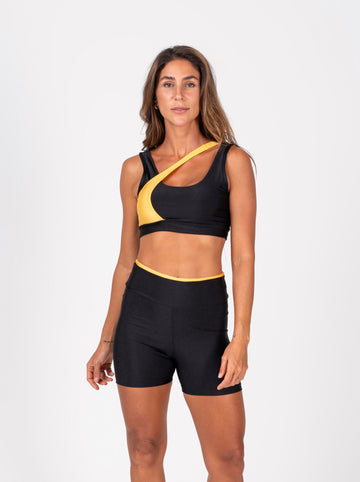 Conjunto Short e Top Jolie Premium Preto e Amarelo Solar