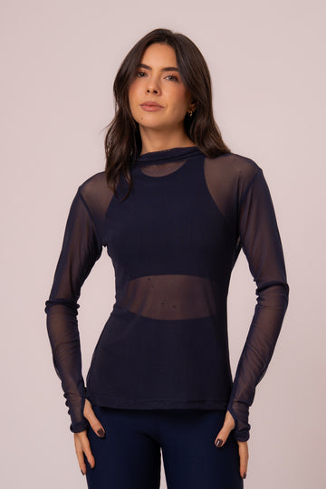 Blusa de Tule Manga Longa com Abertura para Dedo Marinho