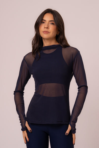 Blusa de Tule Manga Longa com Abertura para Dedo Marinho