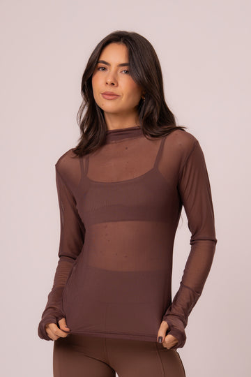 Blusa de Tule Manga Longa com Abertura para Dedo Chocolate