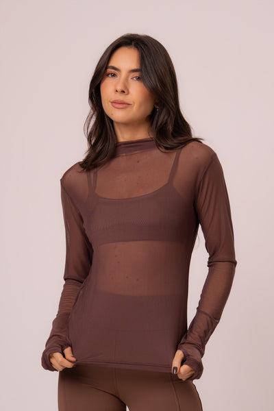 Blusa de Tule Manga Longa com Abertura para Dedo Chocolate