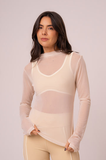 Blusa de Tule Manga Longa com Abertura para Dedo Vanilla