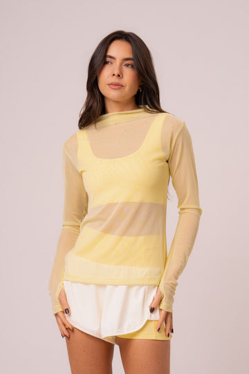 Blusa de Tule Manga Longa com Abertura para Dedo Butter Yellow