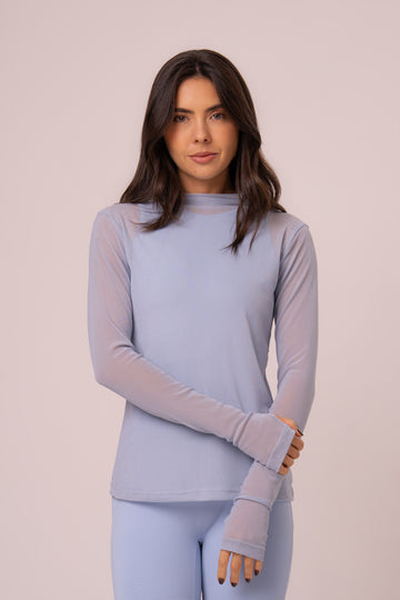 Blusa de Tule Manga Longa com Abertura para Dedo Blue Baby