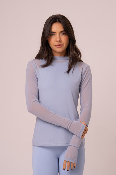 Blusa de Tule Manga Longa com Abertura para Dedo Blue Baby