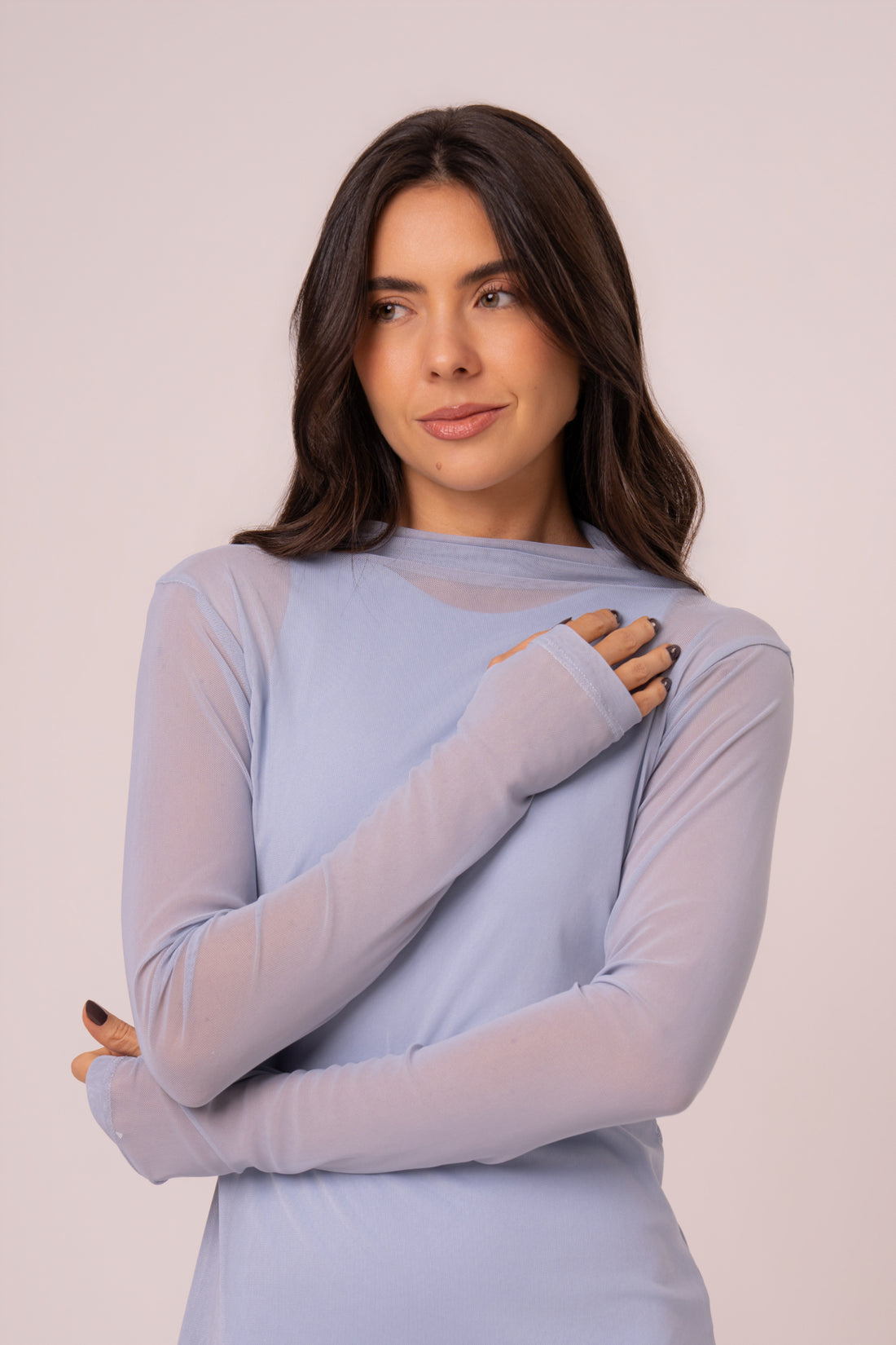 Blusa de Tule Manga Longa com Abertura para Dedo Blue Baby