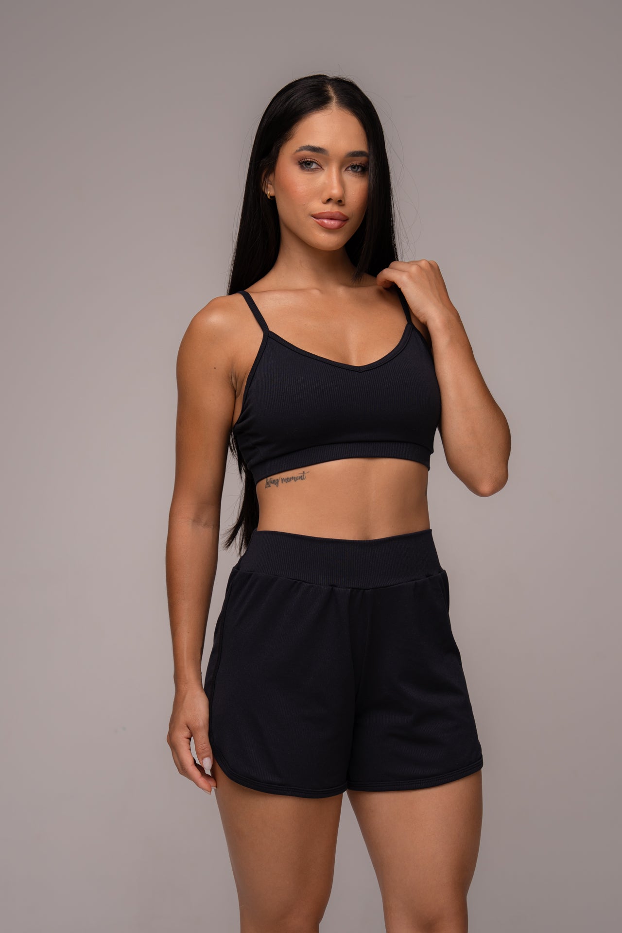 Conjunto Fitness Textura Grid Short e Top Preto