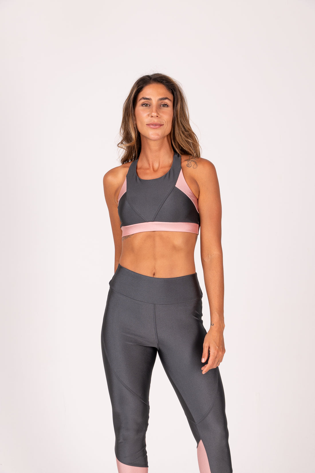 Conjunto Legging e Top Recortes Premium Grafite e Rosê