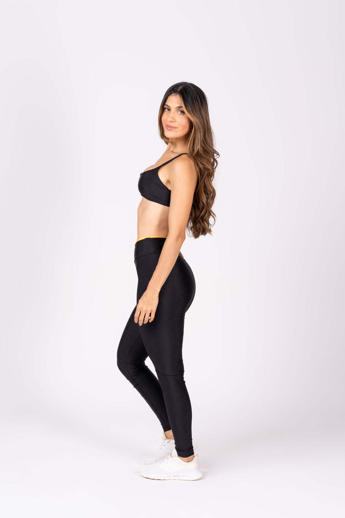 Conjunto Legging e Top Dupla Face Premium Preto e Amarelo Solar