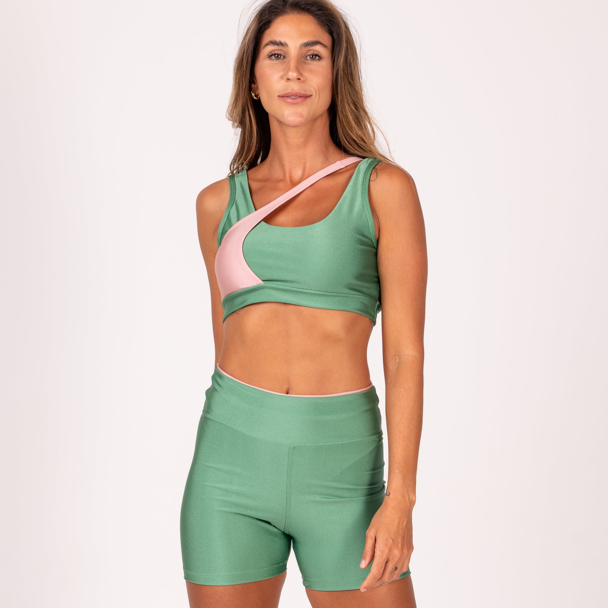 Conjunto Short e Top Jolie Premium Verde Jade e Rosa